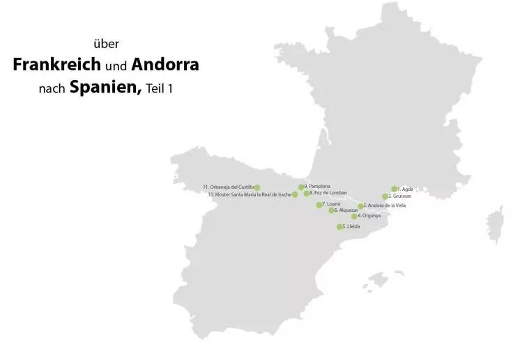 Hellgraue Umrisse von Frankreich und Spanien auf wei&szlig;em Hintergrund, links der deutsche Text '&uuml;ber Frankreich und Andorra nach Spanien, Teil 1' und mehrere kleine gr&uuml;ne Punktmarkierungen mit kurzen Labels entlang der Grenze zwischen Frankreich und Sp