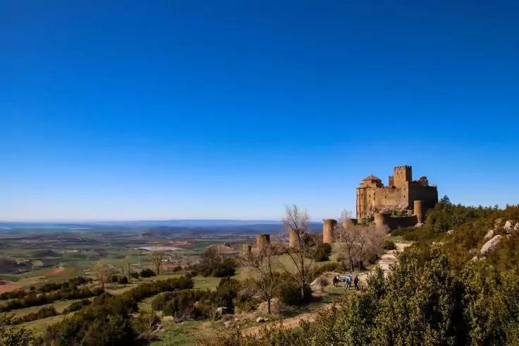Steinerne Burg mit T&uuml;rmen und Mauern auf einem bewachsenen H&uuml;gel rechts; Str&auml;ucher und B&auml;ume im Vordergrund, links flaches Tal mit Feldern, klarer blauer Himmel