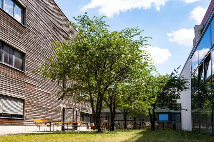 Innenhof mit Rasen und einem gro&szlig;en Baum in der Mitte, links ein holzverkleidetes Geb&auml;ude mit Fenstern, rechts ein Glasgeb&auml;ude, Tische und St&uuml;hle unter dem Baum, blauer Himmel mit Wolken