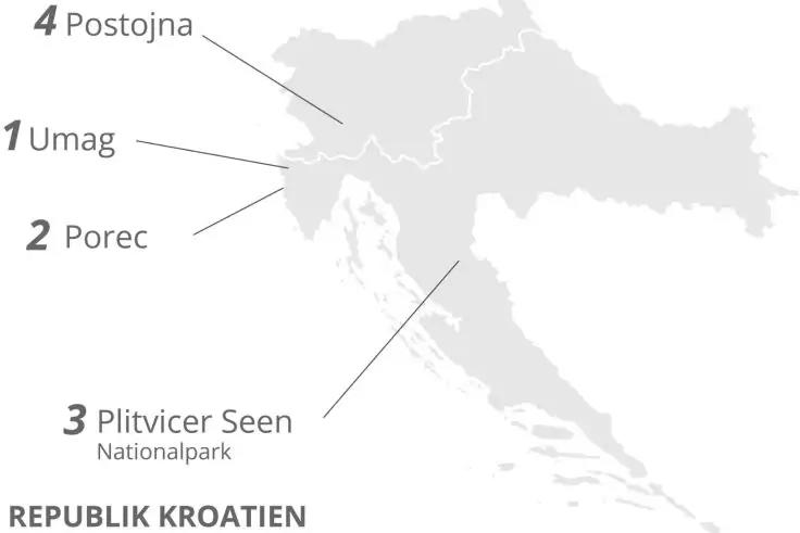 Graue Karte Kroatiens mit vier nummerierten Ortsmarkierungen und Linien: 1 Umag, 2 Porec, 3 Plitvicer Seen Nationalpark, 4 Postojna; unten links Schrift 'REPUBLIK KROATIEN'