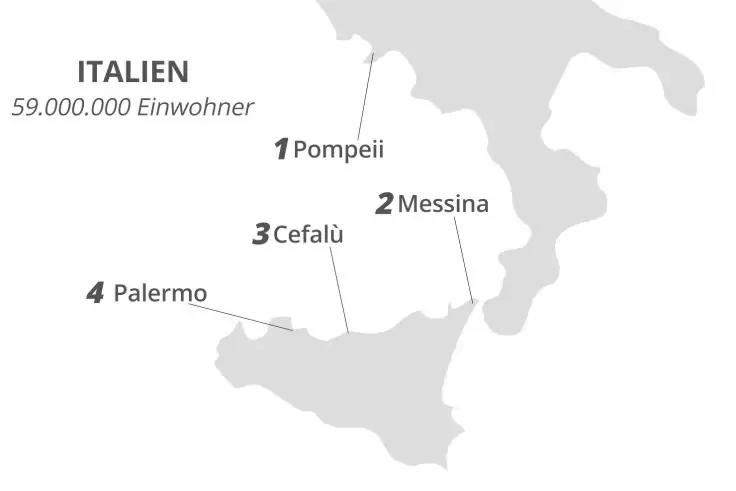 Graustufige Karte von Italien mit der Insel Sizilien; oben links Text &sbquo;ITALIEN 59.000.000 Einwohner&lsquo;; vier nummerierte Markierungen mit Linien und Beschriftungen: 1 Pompeii, 2 Messina, 3 Cefal&ugrave;, 4 Palermo