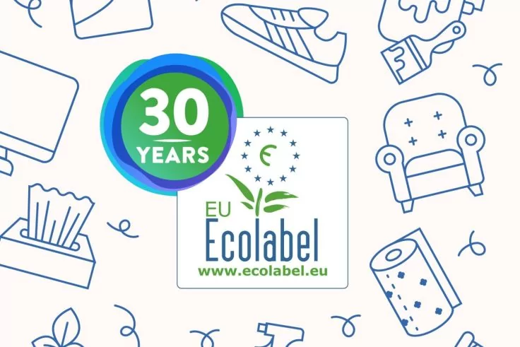 Zentriertes EU Ecolabel-Logo mit Text EU Ecolabel und www.ecolabel.eu; oben links überlappend ein grüner runder Kreis mit 30 YEARS; weißer Hintergrund mit blauen Strichzeichnungen von Schuh, Sessel, Taschentuchbox, Toilettenpapierrolle und Sprühflasc