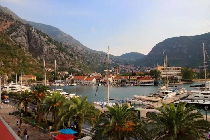 Yachten und Boote in einem Hafen, Palmen im Vordergrund, Berge im Hintergrund