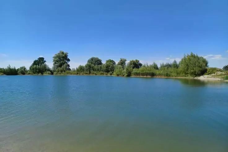See mit Wasserfl&auml;che, B&auml;umen am gegen&uuml;berliegenden Ufer, Schilf am Ufer und blauem Himmel