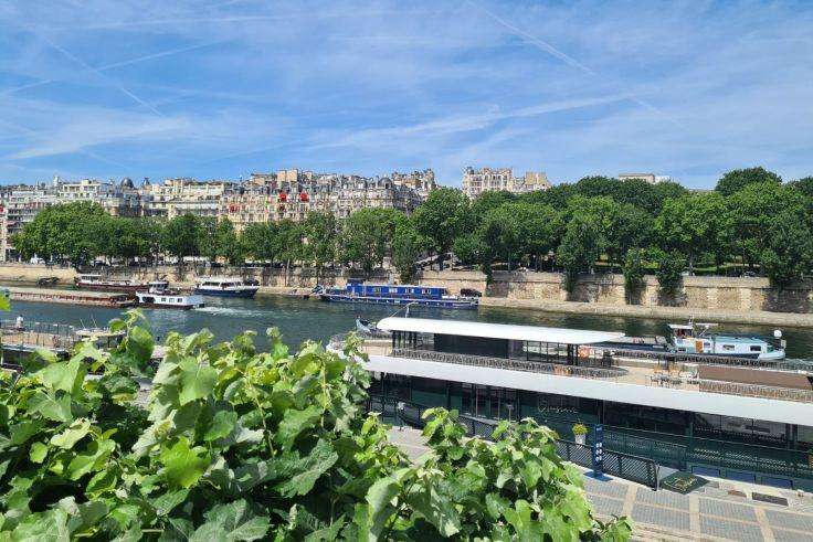 Fluss mit angelegten Booten, Uferpromenade, Reihen mehrst&ouml;ckiger Geb&auml;ude und B&auml;ume im Hintergrund; gr&uuml;ne Str&auml;ucher im Vordergrund, blauer Himmel mit Kondensstreifen