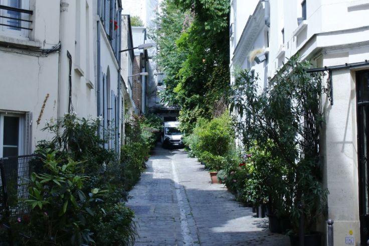 Schmale gepflasterte Gasse zwischen H&auml;usern, Topfpflanzen entlang beider Seiten, wei&szlig;es Auto am Ende