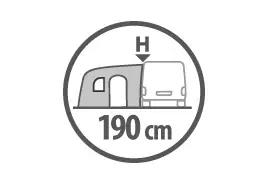 Graues rundes Piktogramm mit einem Wohnwagen neben einem Lieferwagen, dar&uuml;ber ein Pfeil mit dem Buchstaben 'H', darunter der Text '190 cm'