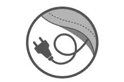 Rundes Symbol mit aufgerolltem Kabel und Stecker; oben rechts eine zur&uuml;ckgeklappte graue Stoff- oder Materialschicht