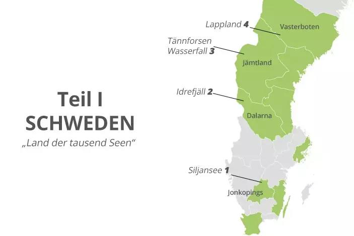 Linke Seite Text 'Teil I SCHWEDEN Land der tausend Seen'. Rechte Seite schematische Karte von Schweden in Gr&uuml;n und Grau mit beschrifteten Orten 'Siljansee 1', 'Idrefj&auml;ll 2', 'T&auml;nnforsen Wasserfall 3', 'Lappland 4' und Regionen 'Dalarna', 'J&auml;mtland',