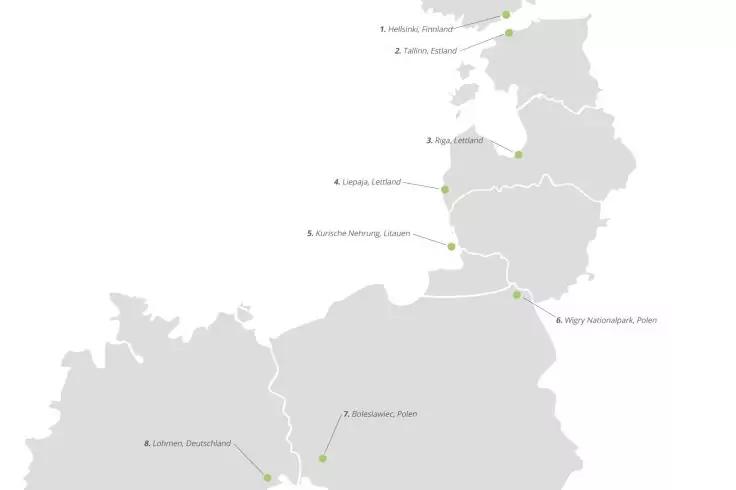 Graue Landfl&auml;chen mit K&uuml;stenlinie, wei&szlig;en Grenzlinien, mehreren kleinen gr&uuml;nen Punkten und kurzen Ortsbeschriftungen auf wei&szlig;em Hintergrund