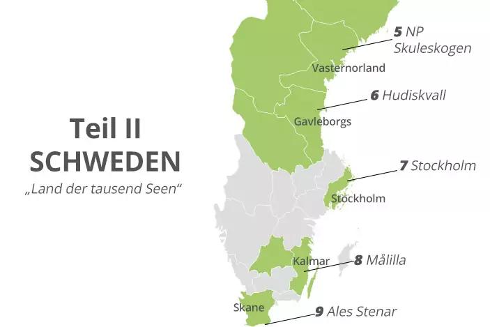 Karte von S&uuml;d- und Mittelschweden mit gr&uuml;nen hervorgehobenen Regionen, grauen Fl&auml;chen, Ortsnamen (z. B. Stockholm, Kalmar, Skane), nummerierten Punkten und dem Titel "Teil II SCHWEDEN 'Land der tausend Seen'"