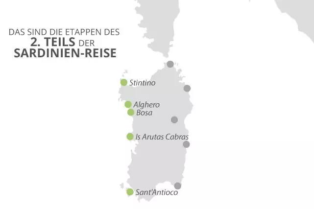 Grafische Karte von Sardinien mit dem sichtbaren Titel 'DAS SIND DIE ETAPPEN DES 2. TEILS DER SARDINIEN-REISE' und markierten Orten: Stintino, Alghero, Bosa, Is Arutas Cabras, Sant'Antioco