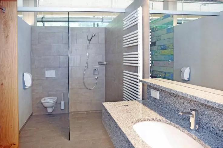 Badezimmer mit Toilette, begehbarer Dusche mit Glasabtrennung, Waschbecken in Granitplatte, Spiegel, senkrechter Handtuchheizk&ouml;rper, Wand-Seifenspender, Holzpfosten links, Toilettenb&uuml;rste