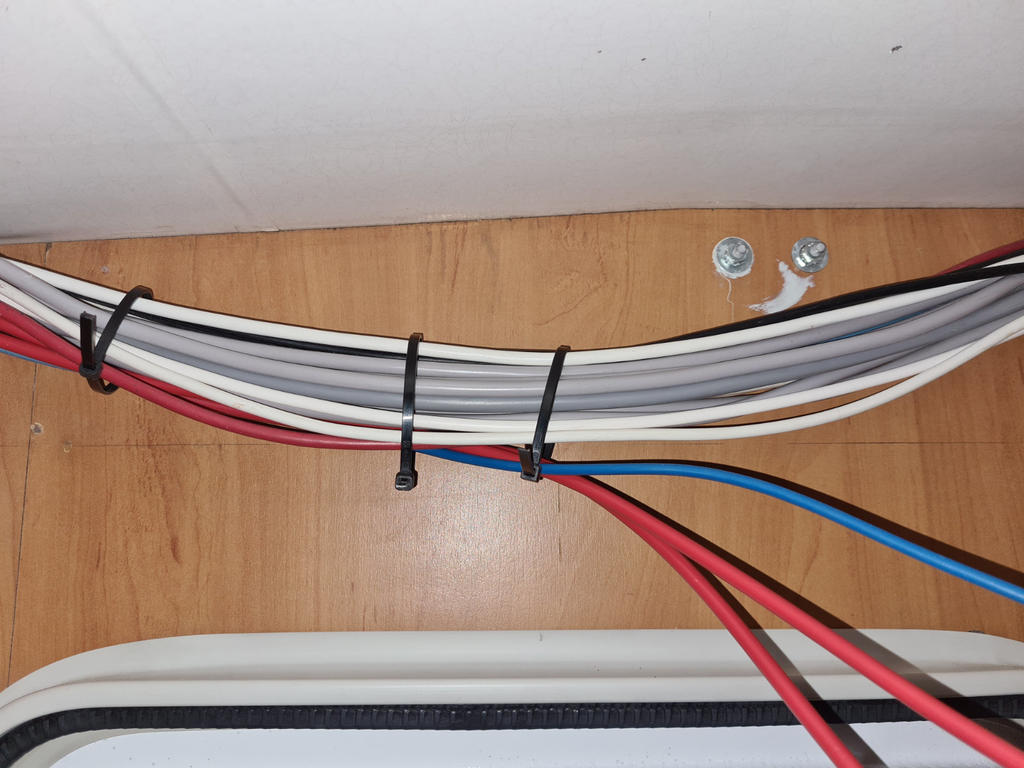 Bündel von Kabeln in Weiß, Grau, Rot, Blau und Schwarz mit schwarzen Kabelbindern entlang einer Holzplatte; zwei Metall-Schrauben mit Unterlegscheiben daneben; weiße Kante mit schwarzer Dichtung unten; weiße Fläche oben