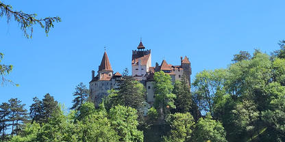 Burg auf bewaldetem H&uuml;gel mit mehreren T&uuml;rmen und roten D&auml;chern, gr&uuml;ne B&auml;ume, blauer Himmel