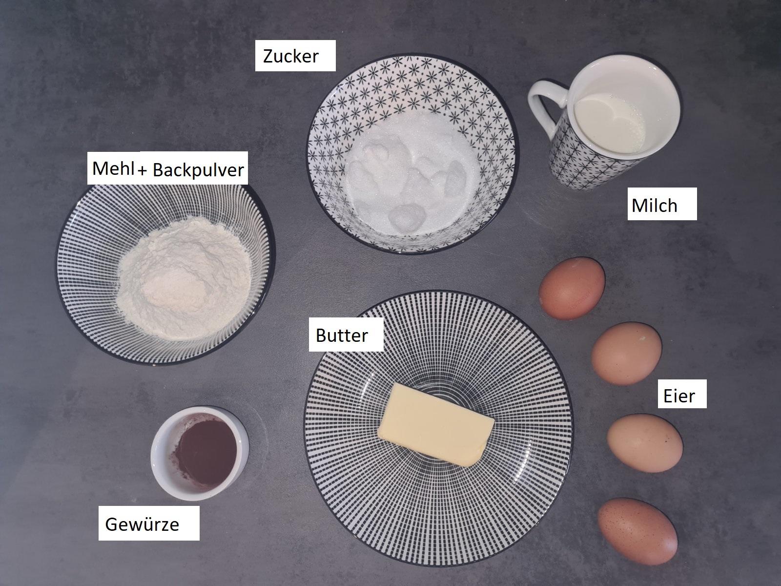 Dunkler Untergrund mit sechs beschrifteten Gef&auml;&szlig;en und vier braunen Eiern: Sch&uuml;ssel mit wei&szlig;em Pulver ('Mehl + Backpulver'), Sch&uuml;ssel mit Zucker ('Zucker'), Tasse mit wei&szlig;er Fl&uuml;ssigkeit ('Milch'), Teller mit Butter ('Butter'), kleine Schale mit braun