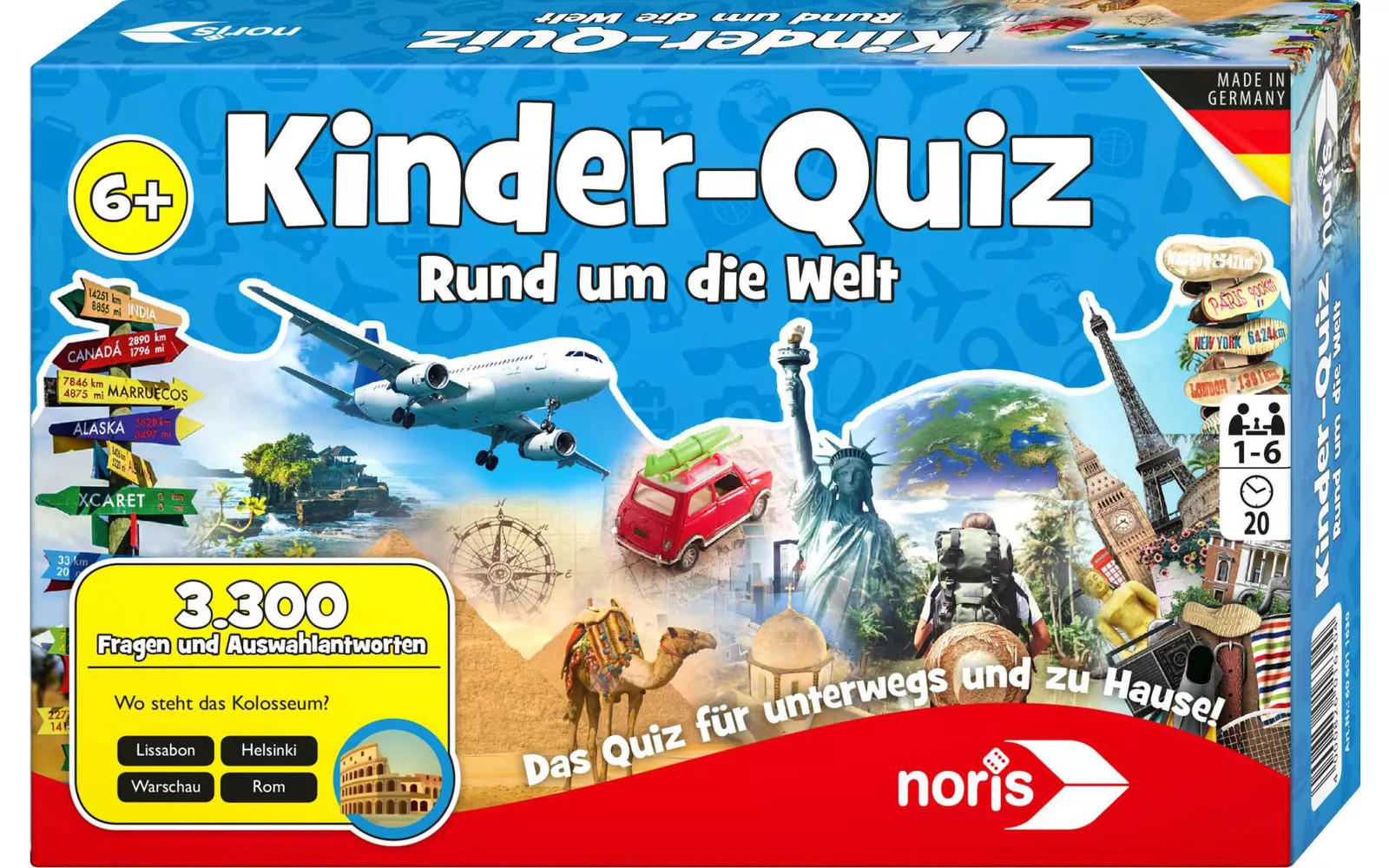 Schachtel eines Spiels mit aufgedrucktem Titel "Kinder-Quiz Rund um die Welt", bunte Illustrationen (Flugzeug, Globus, roter Kleinbus, Statue, Eiffelturm, Kamel, Pyramiden), gelbes Feld "3.300 Fragen und Antwortmöglichkeiten", Altersangabe "6+", Hers