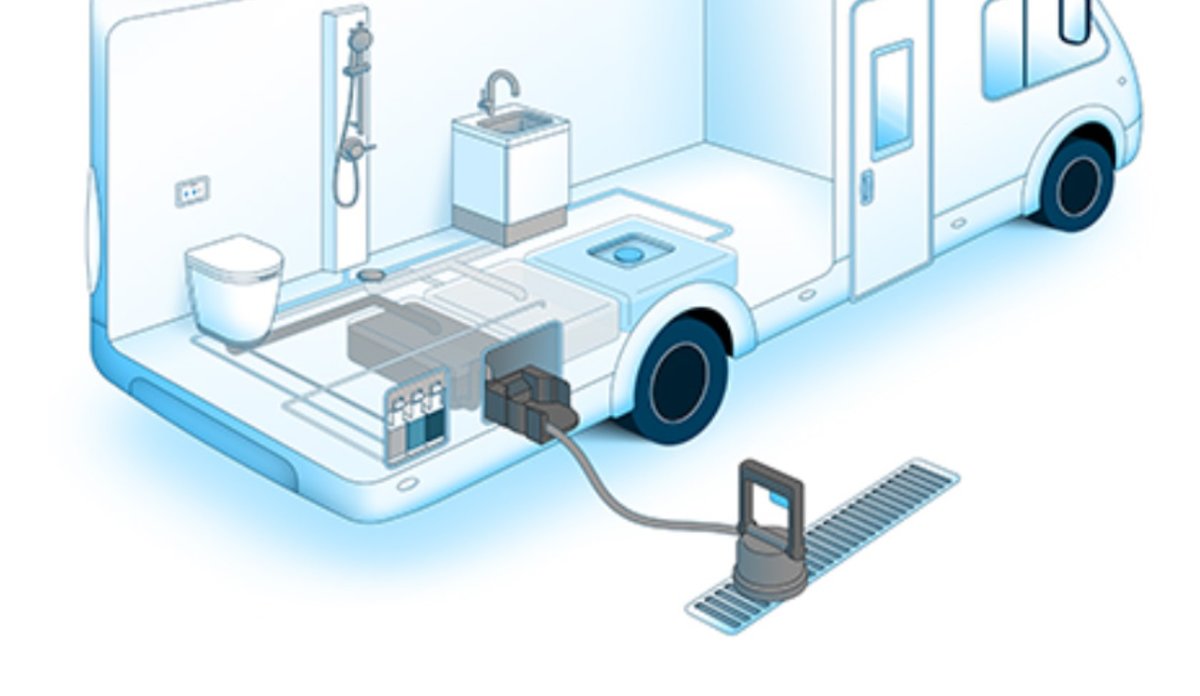 Aufgeschnittenes Wohnmobil-Interieur mit Toilette, Duschkopf, Waschbecken, Bodenelementen und einem schwarzen rechteckigen Ger&auml;t im Fahrzeug, das &uuml;ber ein Kabel mit einem kleinen aufgestellten Ger&auml;t neben einer Bodenrinne verbunden ist