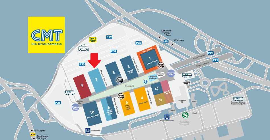Grafische &Uuml;bersichtskarte mit farbigen, nummerierten rechtecken als Hallen, Wege und Stra&szlig;en, U- und S-Symbole, Parkfl&auml;chen, roter Pfeil, gelbes "CMT"-Logo links oben