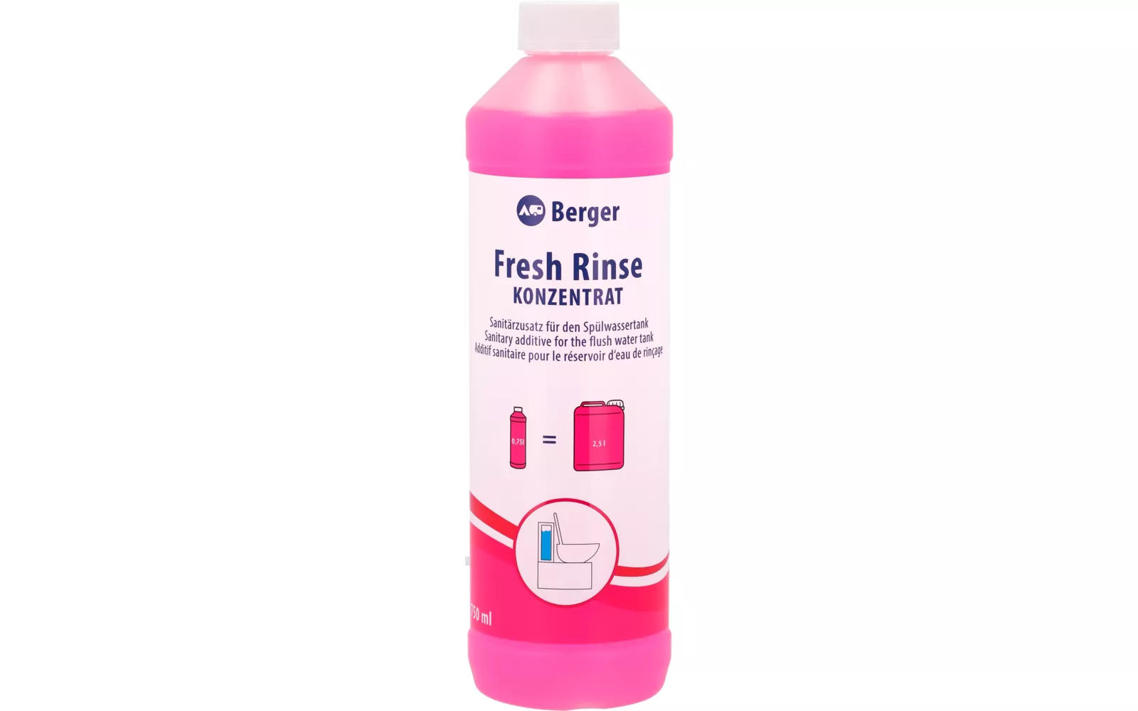 Hohe wei&szlig;e Plastikflasche mit wei&szlig;em Schraubverschluss, rosafarbene Fl&uuml;ssigkeit, Etikett mit Text 'Berger Fresh Rinse KONZENTRAT' und blauen/rosafarbenen Grafiken