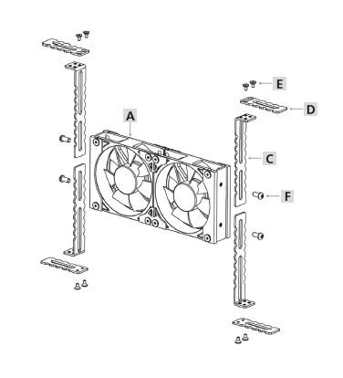 Rechteckiges Bauteil mit zwei nebeneinander montierten L&uuml;ftern, vier langen, gewellten Montagehaltern links und rechts sowie mehreren Schrauben und kleinen Montageplatten; Teile mit den Buchstaben A, C, D, E, F beschriftet