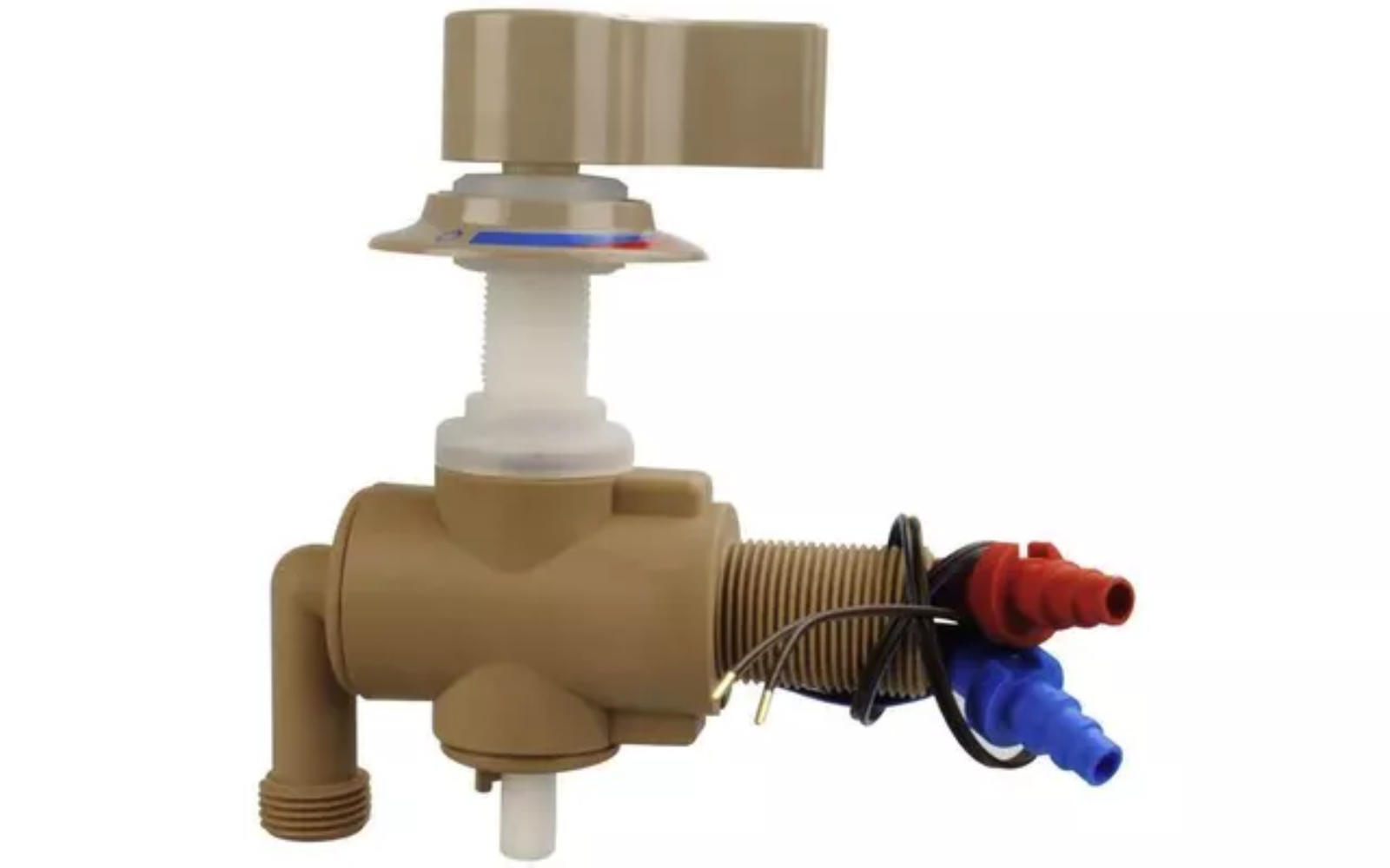 Beiges Kunststoffbauteil mit rundem Knopf oben, weißem senkrechten Schaft, aufgerollener Metallspirale und zwei kurzen Kabeln mit roten und blauen Steckern vor weißem Hintergrund