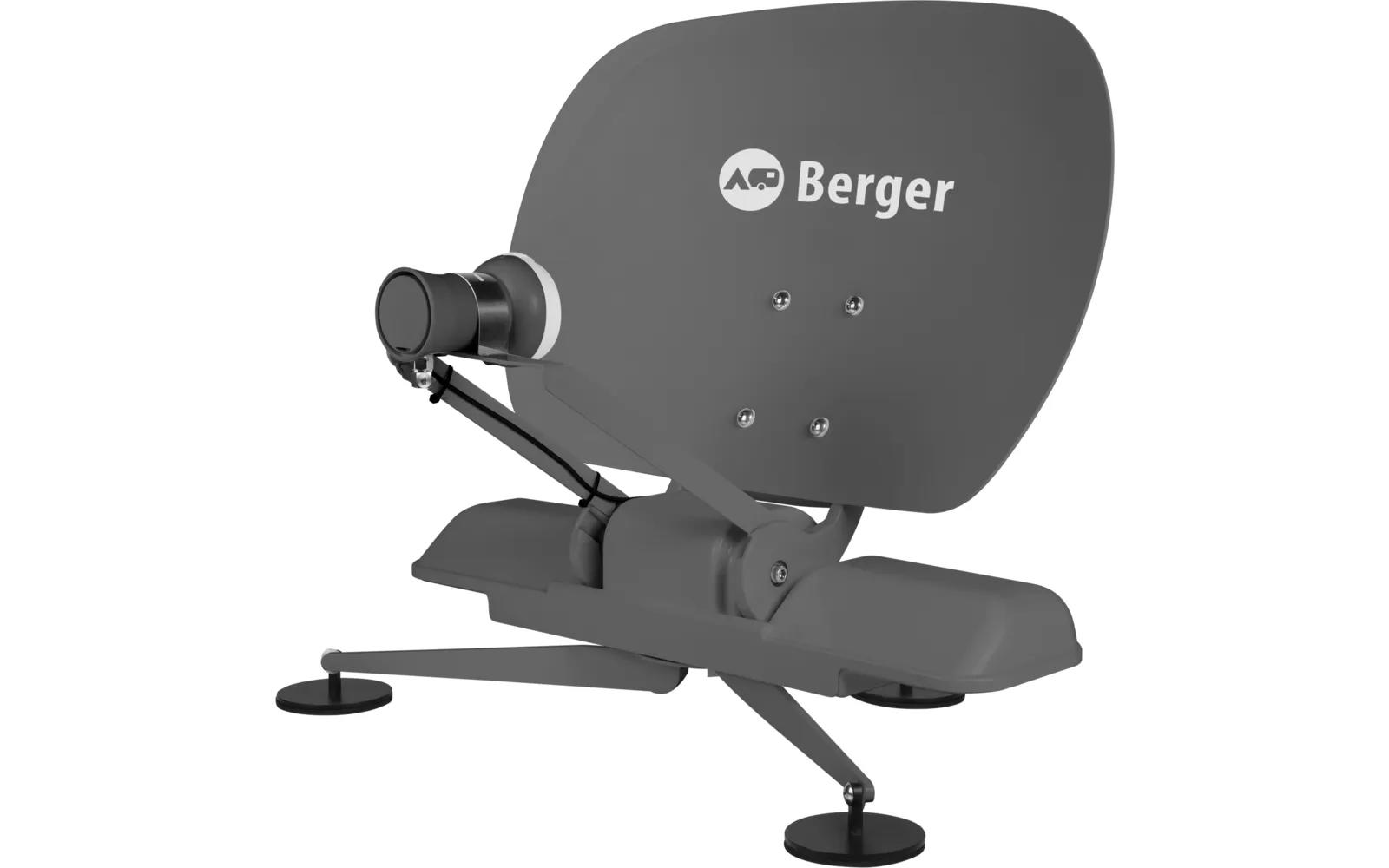 Graue Parabolantenne mit sichtbarem Schriftzug 'Berger', befestigt an einem Stützarm mit zwei runden Fußplatten
