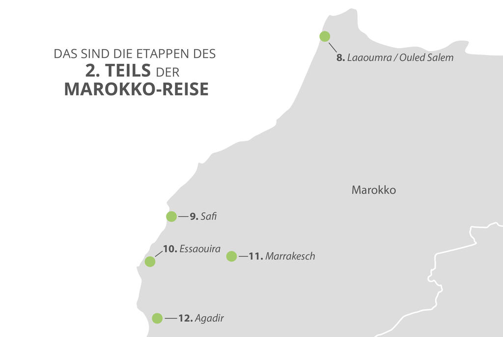 Graue Karte von Marokko mit dem deutschen Titel 'Das sind die Etappen des 2. Teils Marokko-Reise'. Gr&uuml;ne, nummerierte Punkte an der Atlantikk&uuml;ste mit Beschriftungen 9. Safi, 10. Essaouira, 11. Marrakesch und 12. Agadir