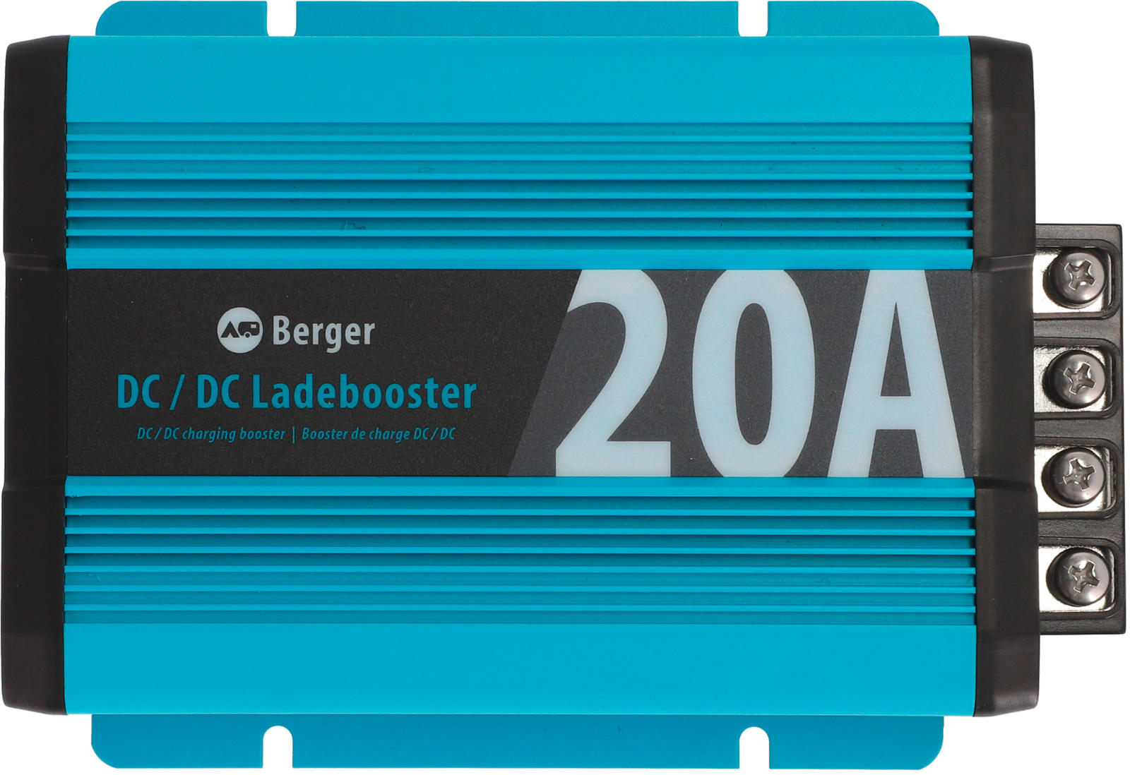 Türkis-blaues, rechteckiges Gerät mit Kühlrippen, großem Aufdruck '20A', Beschriftung 'DC / DC Ladebooster', schwarzem Rand und drei Schraubanschlüssen rechts
