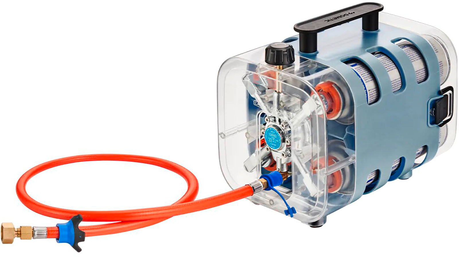 Kompaktes blau-graues Ger&auml;t mit schwarzem Tragegriff, transparentem vorderem Geh&auml;use, sichtbarem Laufrad mit blauem Zentrum und angeschlossenem roten Schlauch mit Metallanschluss