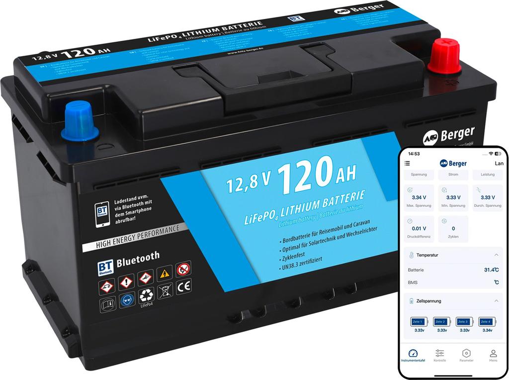 Schwarze Batterie mit blauem Etikett 12,8V 120Ah LiFePO4 LITHIUM BATTERY, rote und blaue Polkappen und ein Smartphone mit Anzeige von Werten und Symbolen