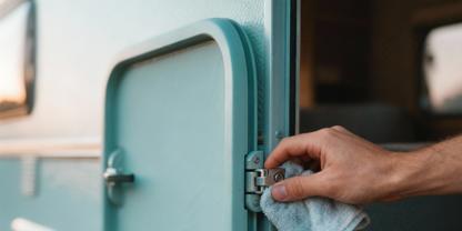 Eine Hand mit einem hellen Tuch h&auml;lt den T&uuml;rverschluss an der ge&ouml;ffneten T&uuml;r eines t&uuml;rkisfarbenen Wohnwagens