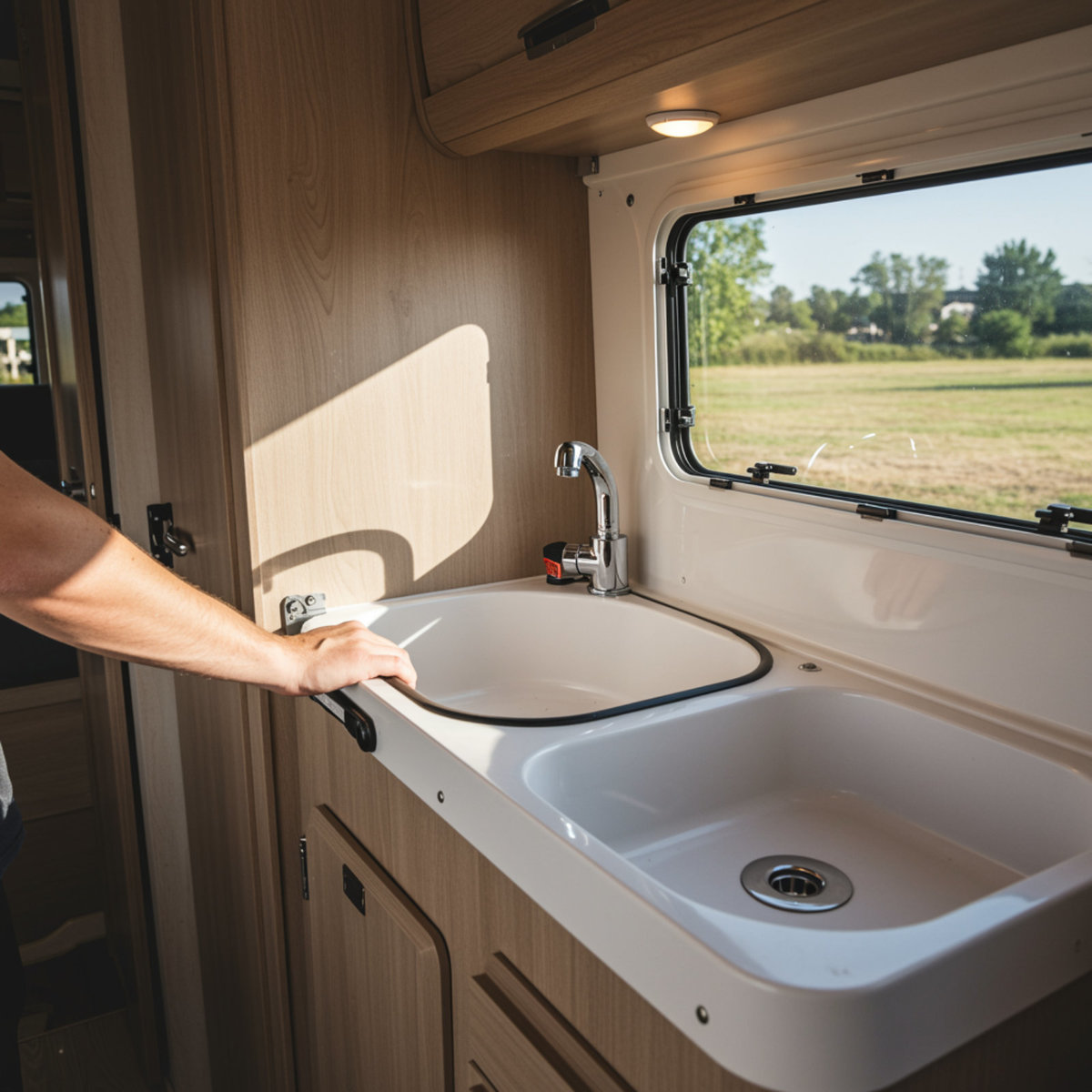 Hand lifts the cover of the left sink on a kitchen countertop; faucet, second sink basin, wooden cabinets and a window showing a grassy field