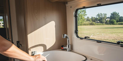 Hand lifts the cover of the left sink on a kitchen countertop; faucet, second sink basin, wooden cabinets and a window showing a grassy field