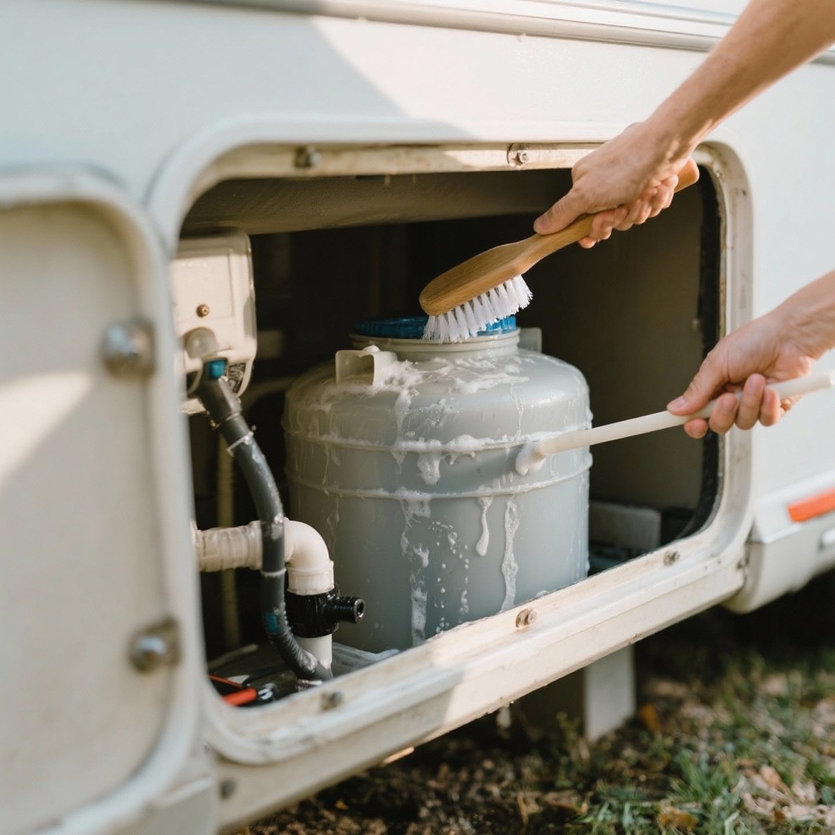 Zwei H&auml;nde reinigen eine graue Metallflasche in einem offenen Staufach eines Wohnwagens mit einer B&uuml;rste und einem flachen Werkzeug; Seifenschaum auf der Flasche