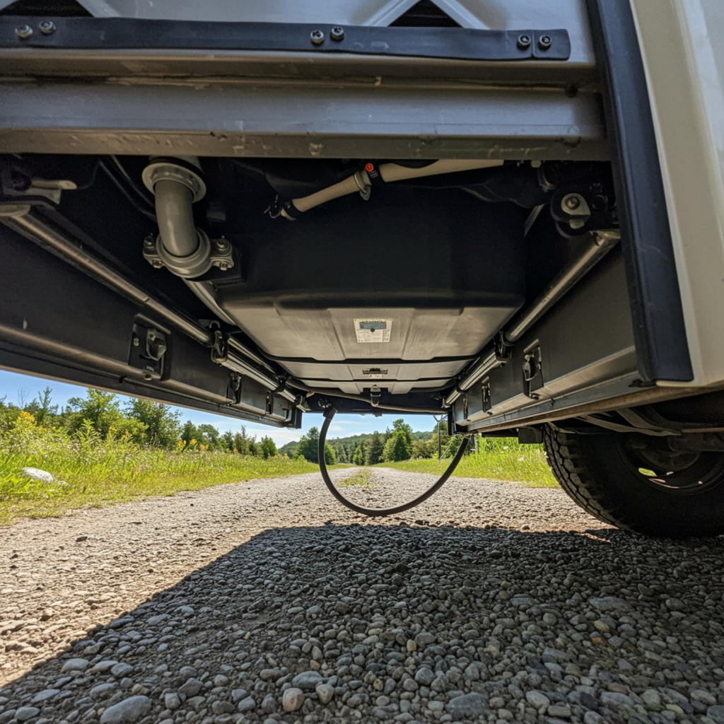 Blick von unten auf den Unterboden eines Fahrzeugs mit Kabeln und einer rechteckigen Box, rechts ein Rad, Kiesweg, Gras und Bäume im Hintergrund