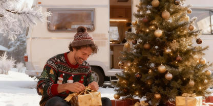 Mann sitzt auf Holzterrasse neben geschm&uuml;cktem Tannenbaum und Wohnwagen, tr&auml;gt Strickm&uuml;tze und gemusterten Pullover, &ouml;ffnet ein goldenes Geschenk, viele verpackte Geschenke um ihn herum, Schnee und Tannen im Hintergrund