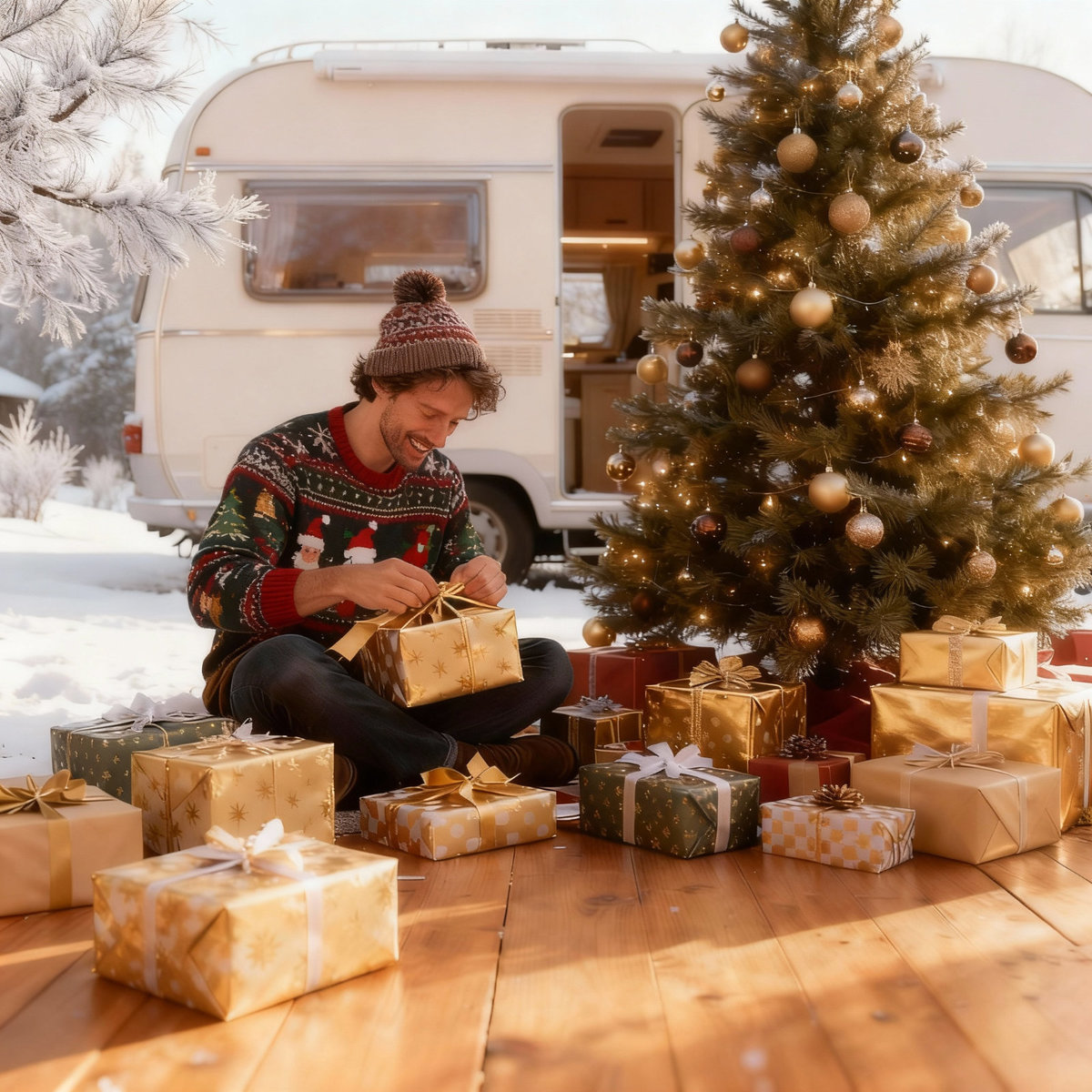 Mann sitzt auf Holzterrasse neben geschm&uuml;cktem Tannenbaum und Wohnwagen, tr&auml;gt Strickm&uuml;tze und gemusterten Pullover, &ouml;ffnet ein goldenes Geschenk, viele verpackte Geschenke um ihn herum, Schnee und Tannen im Hintergrund