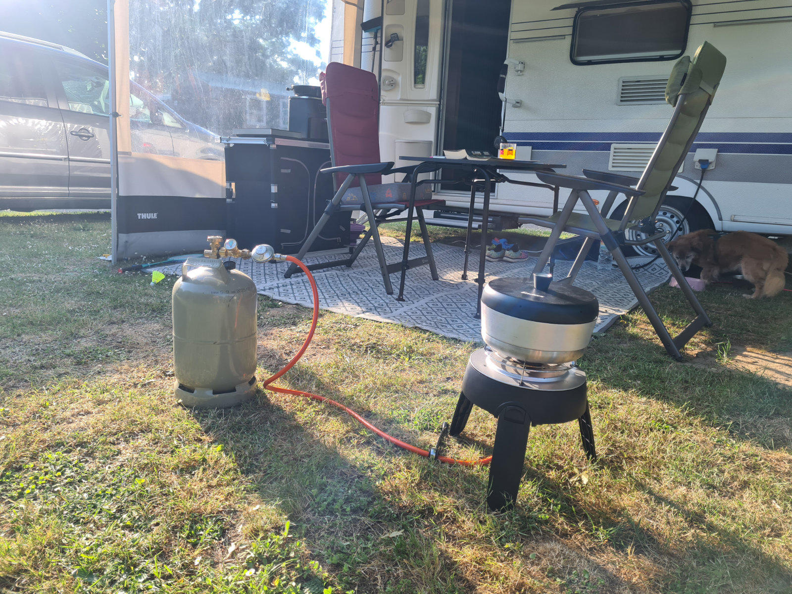 Campingkocher auf Dreibein mit Topf, Gasflasche mit rotem Schlauch, Klappst&uuml;hle und Klapptisch auf Matte vor einem Wohnwagen, Gras im Vordergrund, kleiner brauner Hund rechts