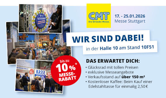Werbebanner mit CMT-Logo und Text '17. - 25.01.2026 Messe Stuttgart', gelbes CMT-Quadrat, gro&szlig;er Schriftzug 'WIR SIND DABEI!' und 'in der Halle 10 am Stand 10F51', Fotocollage mit Messebesuchern und 'KASSE'-Schild, roter Kreis 'bis zu 10% MESSE RABAT