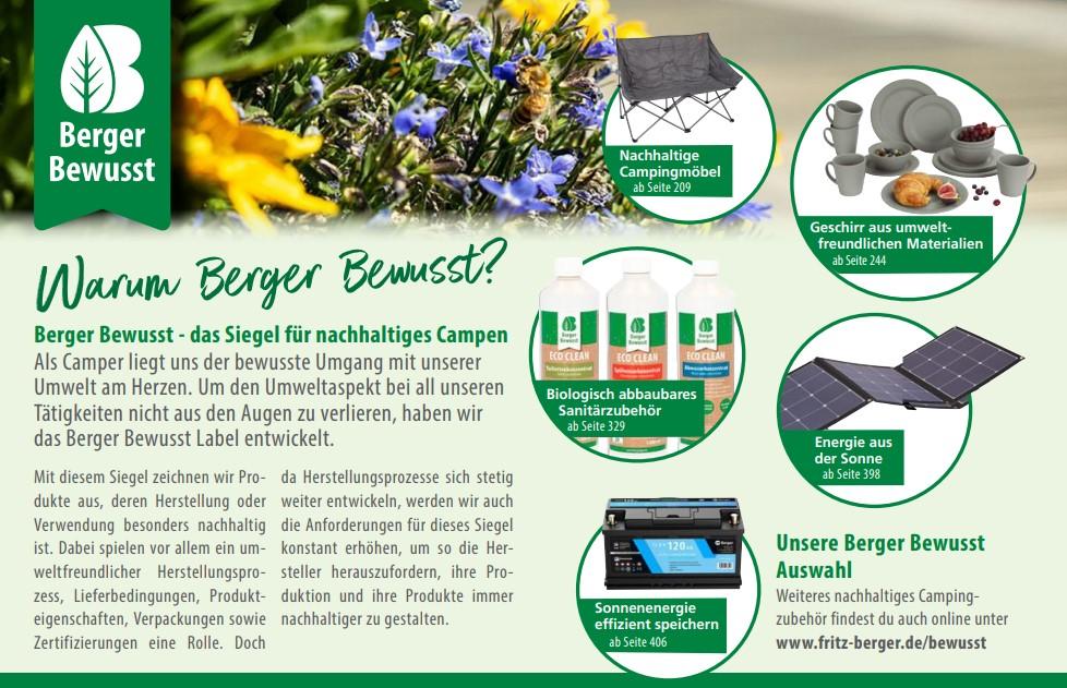 Flyer mit grünem 'Berger Bewusst'-Logo, Titel 'Warum Berger Bewusst?', deutschsprachige Textblöcke, Foto von grünen Pflanzen mit lila Blüten, Bild eines Campingstuhls mit Text 'Nachhaltige Campingmöbel', Abbildungen von Geschirr und Kochgeschirr, Bil