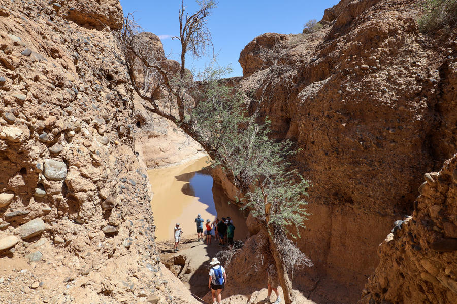 Schmale orangefarbene Felsenschlucht mit einer kleinen Wasserstelle, einem schmalen Baum und einer Gruppe von Menschen auf einem Pfad unter blauem Himmel