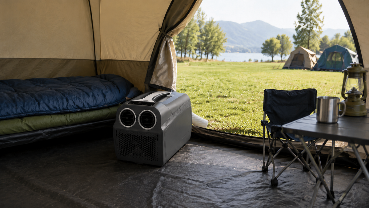 Blick aus einem ge&ouml;ffneten Zelt: Schlafsack auf Feldbett, tragbares Ger&auml;t mit L&uuml;ftungsschlitzen auf dem Boden, Klappstuhl und Campingtisch mit Metallbecher und Laterne; drau&szlig;en Wiese, weitere Zelte, B&auml;ume, See und Berge