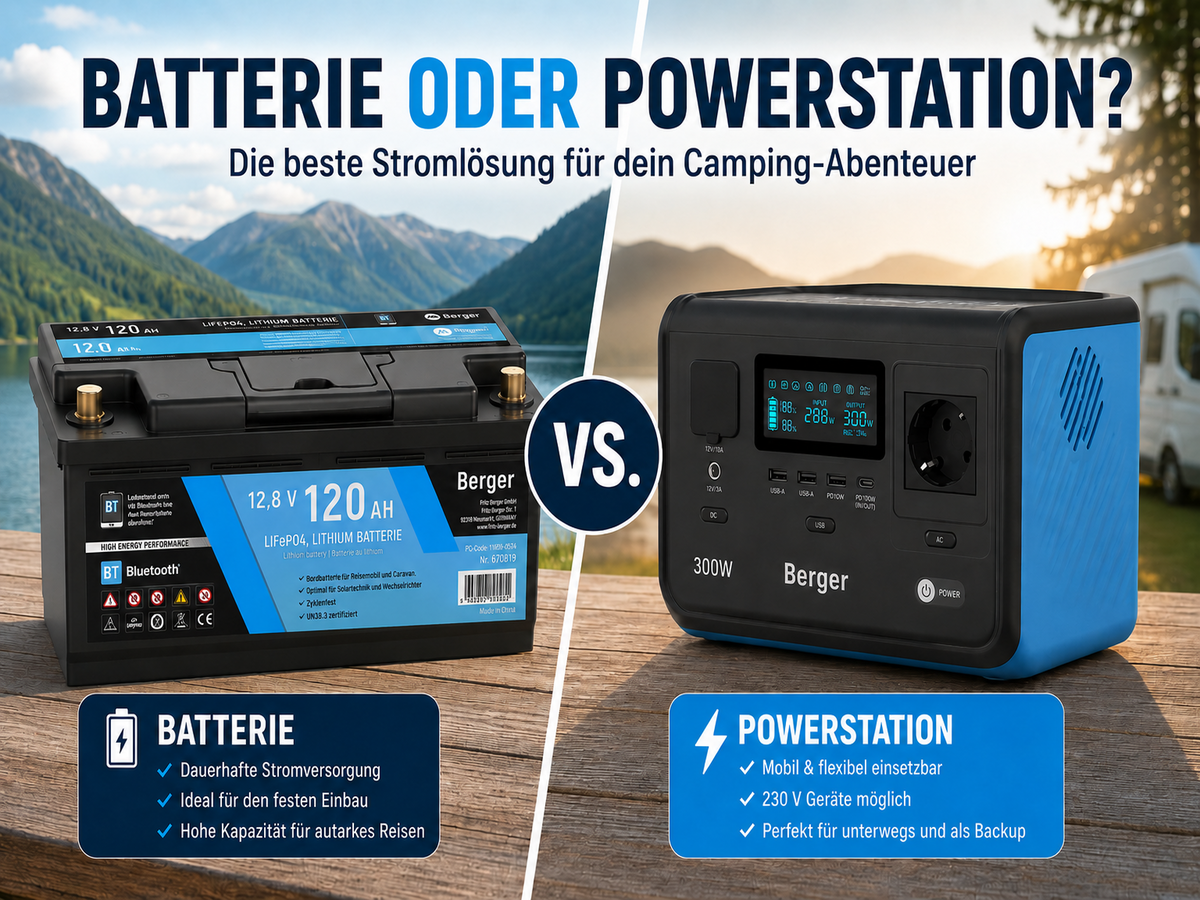Zwei Ger&auml;te auf einem Holztisch: links eine schwarz-blaue 12,8 V 120 Ah Batterie mit Aufdruck 'BATTERIE', rechts eine blaue Powerstation mit Display und Markenname 'Berger'. Zwischen ihnen ein Kreis mit 'VS.'; oben der Text 'BATTERIE ODER POWERSTATIO