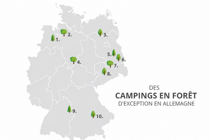 Carte de l'Allemagne en gris clair avec les fronti&egrave;res int&eacute;rieures blanches, dix ic&ocirc;nes d'arbre vertes num&eacute;rot&eacute;es en noir et &agrave; droite le texte 'BESONDERE WALDCAMPINGPL&Auml;TZE IN DEUTSCHLAND'