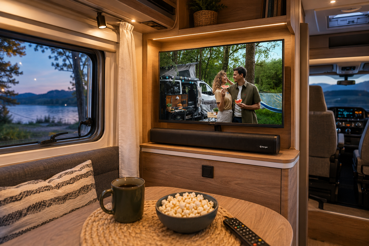 Innenraum eines Wohnmobils mit Holztisch, Tasse, Sch&uuml;ssel Popcorn und Fernbedienung; Fernseher zeigt zwei Personen vor einem Camper und einem Zelt; Blick aus dem Fenster auf See, B&auml;ume und Berge bei D&auml;mmerung