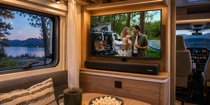 Innenraum eines Wohnmobils mit Holztisch, Tasse, Sch&uuml;ssel Popcorn und Fernbedienung; Fernseher zeigt zwei Personen vor einem Camper und einem Zelt; Blick aus dem Fenster auf See, B&auml;ume und Berge bei D&auml;mmerung