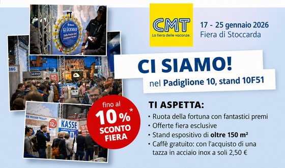 Banner promozionale con logo CMT e testo '17. - 25.01.2026 Messe Stuttgart', riquadro giallo CMT, grande intestazione 'WIR SIND DABEI!' e 'in der Halle 10 am Stand 10F51', collage fotografico con visitatori e cartello 'KASSE', cerchio rosso 'bis zu 10% MESSE RABATT', colonna a destra con intestazione 'DAS ERWARTET DICH:' e punti elenco