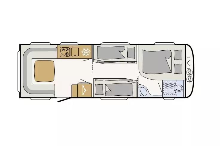 Plan en vue de dessus avec deux couchages, banquette et table, kitchenette (&eacute;vier, plaque), placard, salle de bain avec toilettes et douche et porte d'entr&eacute;e