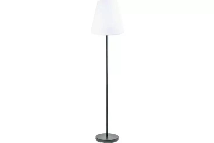 Lampadaire avec abat-jour blanc, tige noire fine et base ronde sur fond blanc